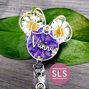 Personalized Floral Badge Reel With Mouse Shape-NICU Nurse-Cartoon Badge Reel